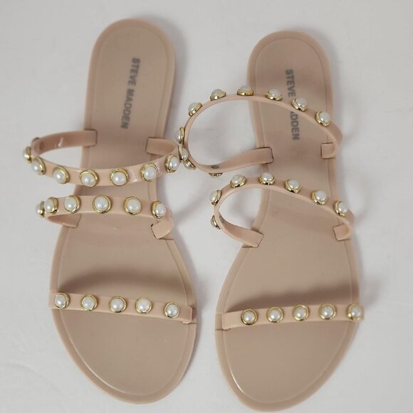 Steve Madden Women's Beige Strappy Flat Sandals Pearl Accents Open Toes, sz 8 - Picture 2 of 8